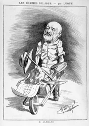 Pariisin transformaatiot toisen imperiumin alaisina, Haussmann Paris: Humoristinen piirustus Jean Charles Adolphe Alphandista (1817-1891), insinööri. Hän osallistui paroni Haussmannin johtamaan Pariisin kunnostukseen vuosina 1852-1870. Kaiverrus "Les h"