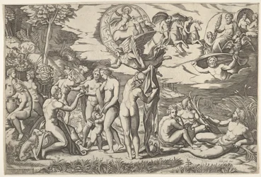 Pariisin tuomio: Paris ojentaa kätensä Venusta kohti, joka seisoo Junon ja..., noin. 1520-50.