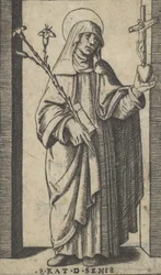 Pyhä Katariina Siena seisoo kukkia ja kirjaa pitelemässä oikeassa kädessään, h..., n. 1500-1527.