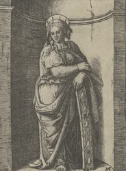 Pyhä Katariina seisoo kapealla, lepää pyörällä, hänen kidutusvälineensä..., n. 1500-1527.