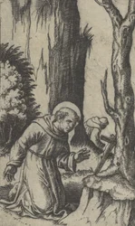 Pyhä Franciscus Assisilainen rukoilee krusifiksin edessä, sarjasta Piccoli Santi..., ca. 1500-1527.