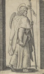 Saint James Major, kirja on hänen oikea kätensä, sauva vasemmassa oikealle, t..., n. 1500-1527.