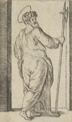 Saint Jude, pitelee halbardia oikeassa kädessään, sarjasta "Piccoli Santi" ..., n. 1500-1527.