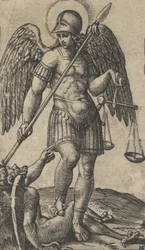 Pyhä Mikael pitelee vaakaa ja keihästä, demoni hänen alapuolellaan, sarjasta "P...", noin 1500-1527