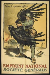 Kuva ranskalaisesta sotilasta kuristaa suurta lintua (edustaa Saksaa?).