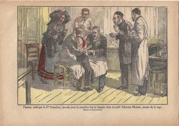 Pasteur, tohtori Grancherin avustamana, rokotti kuuluisan viruksen ensimmäistä kertaa pieneen elsassiläiseen isäntiin, joka oli saanut raivotaudin., Le Pèlerin, 11.5.1922 (tulostus)