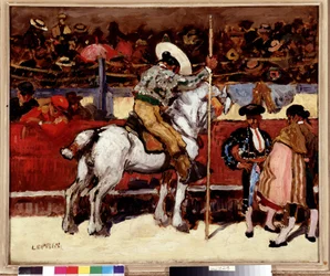 Picador ja matador härkätaistelu areenalla. Marcel Leprinin (1891-1931) maalaus Dim. 50x61 cm Pakollinen maininta: Collection fondation regards de Provence, Marseille