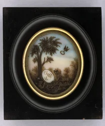 Plakki, n. 1880 (akvarellit ja hiukset lasille, kullattu, puu ja lasi)