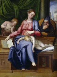 Hiljaisuuden Madonna (Neitsyt ja lapsi ja Johannes Kastaja poikana), kirjoittanut Venusti, Marcello (1512/15-1579). Öljy puulle