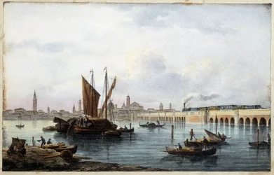 Silta laguunin yli "Venetsia-albumissa"" piirtää Marco Moron toim. Gio Brize-Ghel n.d 1840. noin.