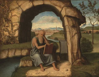 Saint Jerome erämaassa (öljy paneelissa)