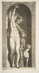 Pihalla seisova faun pitelee ylhäällä rypäleterttua oikealla kädellä ja ..., n. 1515-27.