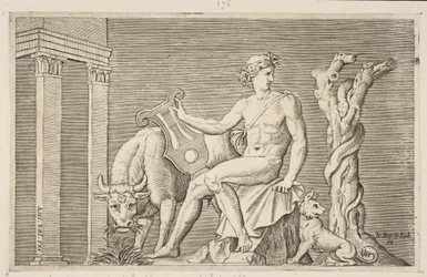 Apollo hoitaa Admetuksen parvia, Apollo istui kädessään lyyraa ja hänen vieressään..., n. 1515-27.