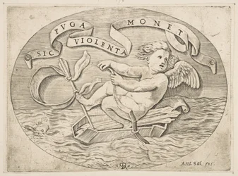 Eros pakenee merellä, Cupid käyttää keulaansa kuljettaakseen venettä, joka on valmistettu hänen väreistään..., noin. 1515-27.