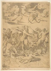 Galatea ratsastaa delfiinien vedessä vedessä, kupidon alla ja f..., n. 1515-27.
