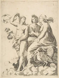 Juno, Ceres ja Psykhe keskustelevat pilvissä, Juno istuu riikinkukko vierellään..., noin 1515-27