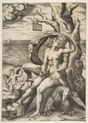 Jupiter ja Semele halaavat, kotka alla, puu oikealla tyhjällä t..., n. 1515-27.