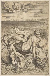 Venus ja Cupid ratsastavat kahdella merihirviöllä, Cupid nostaa nuolen oikeaan käteensä, t..., n. 1515-27.