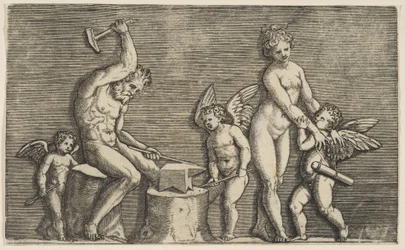 Vulcanin istuvat vasarat alasimen päällä, jota reunustavat Venus ja kolme kupidia, n. 1515-27.