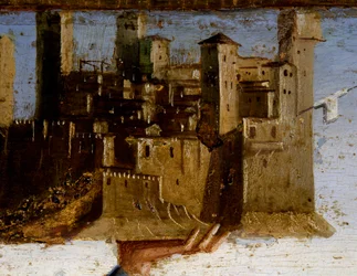 Valtaistuimella istuva Madonna ja pyhät, yksityiskohta Pyhän Adrianuksen predellasta, kirjoittanut Marco Palmezzano (n. 1460-1539), Pyhän Franciscuksen kirkko, Matelica, Marche, Italia, yksityiskohta