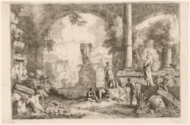 Antiikin raunioiden capriccio miesten kanssa katselemassa klassista puhujaa