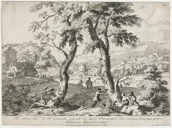 Näkymä kylästä, jossa on hahmoja etualalla, 1723.
