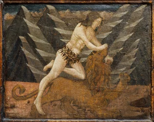 Cassone, jossa on taistelukohtaus ja kohtauksia Herkuleksen töistä, FLorence, Italia, n.1460 (tempera, gesso ja puu).