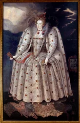Englannin kuningatar Elisabeth (Elizabeth) Ieren jalkamuotokuva Marcus Gheeraertsin (Gerards tai Geerards) Nuoret (1561-1635) maalaus noin 1592 su. 2,41x1,52 m Lontoo, National Portrait Gallery
