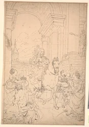 Luonnos maalaukselle: Tanska ja Norja kunnioittavat Chr. VI (poltettu Christiansborgin kanssa 1794)