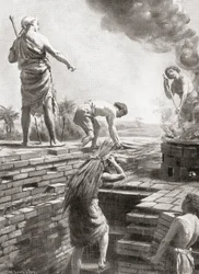 Zigguratin rakentaminen, valtavat pyramidinmuotoiset temppelitornit, jotka rakennettiin ensimmäisenä sumerilaisissa kaupunkivaltioissa, Hutchinsonin teoksesta History of the Nations, pub.1915.