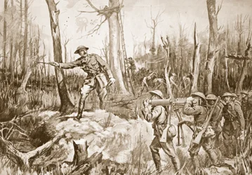 Kapteeni (väliaikainen everstiluutnantti) R.B. Barker organisoimassa metsän puolustusta (litografia).