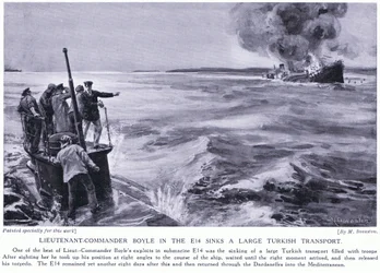 Komentajakapteeniluutnantti Boyle E14:llä upottaa suuren turkkilaisen kuljetusaluksen 1915 (litografia).
