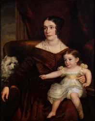 Äiti ja lapsi valkoisen koiran kanssa sisätiloissa, noin 1815-66 (öljy kankaalle).