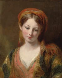 Nuoren tytön muotokuva, luullaan olevan Henrietta Carpenter, rinnan pituus, itämaisessa mekossa, 1839