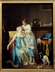 Huonoja uutisia Premier Empire -muotiin pukeutunut tyttö pyörtyy, kun hän lukee kirjeen, jossa kerrotaan onnettomuudesta. Marguerite Gerardin (1761-1837) maalaus 1804 su. 0,63x0,5 m
