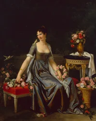 Naisen muotokuva, kukkien ja lintujen ympäröimänä, n. 1800 (öljy kankaalle)