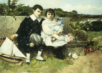 Kaksi lasta istumassa puiston penkillä, 1882