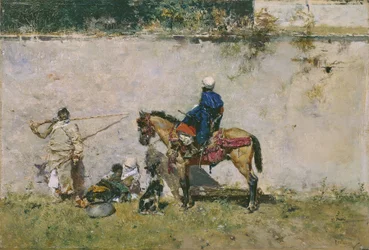 Orientalismi: marokkolainen perhe veden äärellä (marokkolaiset) - Mariano Fortunyn (1838-1874) maalaus