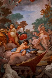 Jupiter toivottaa Romuluksen tervetulleeksi Olympukseen. Yksityiskohta "Romulun apoteoosista" 1775 -1779, fresko