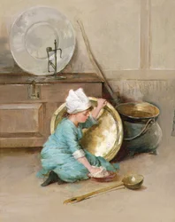Messingin kiillotus, noin 1900 (öljy paneelille)