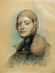 Ranskalaisen sotalentäjän Georges Guynemerin (1894-1917) muotokuva. Piirustus helmikuulta 1916. Piirustus Marie Louise Catherine Breslau (1856-1928) ec.suis.