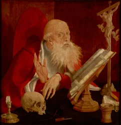 Saint Jerome dans sa cellule - Saint Jerome in his Cell, kirjoittanut Reymerswaele, Marinus Claesz, van (n. 1490-1567 jälkeen). Öljy puulle, n. 1545. Mitat: 84,3x82,5 cm. Brukenthalin kansallismuseo, Sibiu