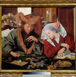 Rahanvaihtaja ja hänen vaimonsa. Rahanlainaajapariskunta laskee ja punnitsee rahaa. Marinus Claeszoon van Reymerswaelen (1493-1567) maalaus, 1538, Madrid, Prado-museo