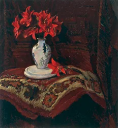 Matto ja maljakko punaisilla liljoilla, Mario Puccini (1869-1920), öljy kankaalle, 64x59 cm.
