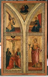 Alttarisiipi, joka kuvaa ristiinnaulitsemista, Pyhää Dorothya ja muita pyhiä, n. 1420 (tempera poppelipuulla)