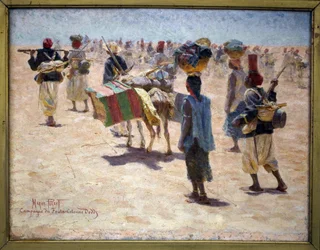 Senegalilaiset takavartijat, Fouta-kampanja (Guinee; Fouta-Djalon), Dodds-pylväs, luonnos. Marius Perretin (1853-1900) maalaus, öljy kankaalle, ennen 1895. Paun taidemuseo.