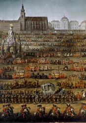 Parman prinsessa Isabellan saapuminen Wieniin häiden johdosta keisari Joseph II:n kanssa, 10.5.1760 Yksityiskohta. (Maalaus)