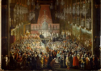 Parman prinsessa Isabellan hääseremonia keisari Joseph II:n kanssa 6.10.1760. Yksityiskohta (maalaus)