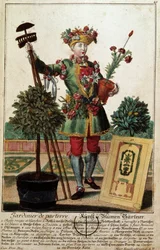 Puutarhuri. Kaiverrus Martin Engelbrecht (1684-1756), "" Uusi kokoonpano of the manouvries habilles"" 17th century, Saksa. Pariisi, koristetaide