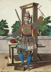 Värillisten papereiden valmistaja, kaiverrus Assemblage des nouveau manouvries habilles Martin Engelbrechtistä (1684-1756), Saksa